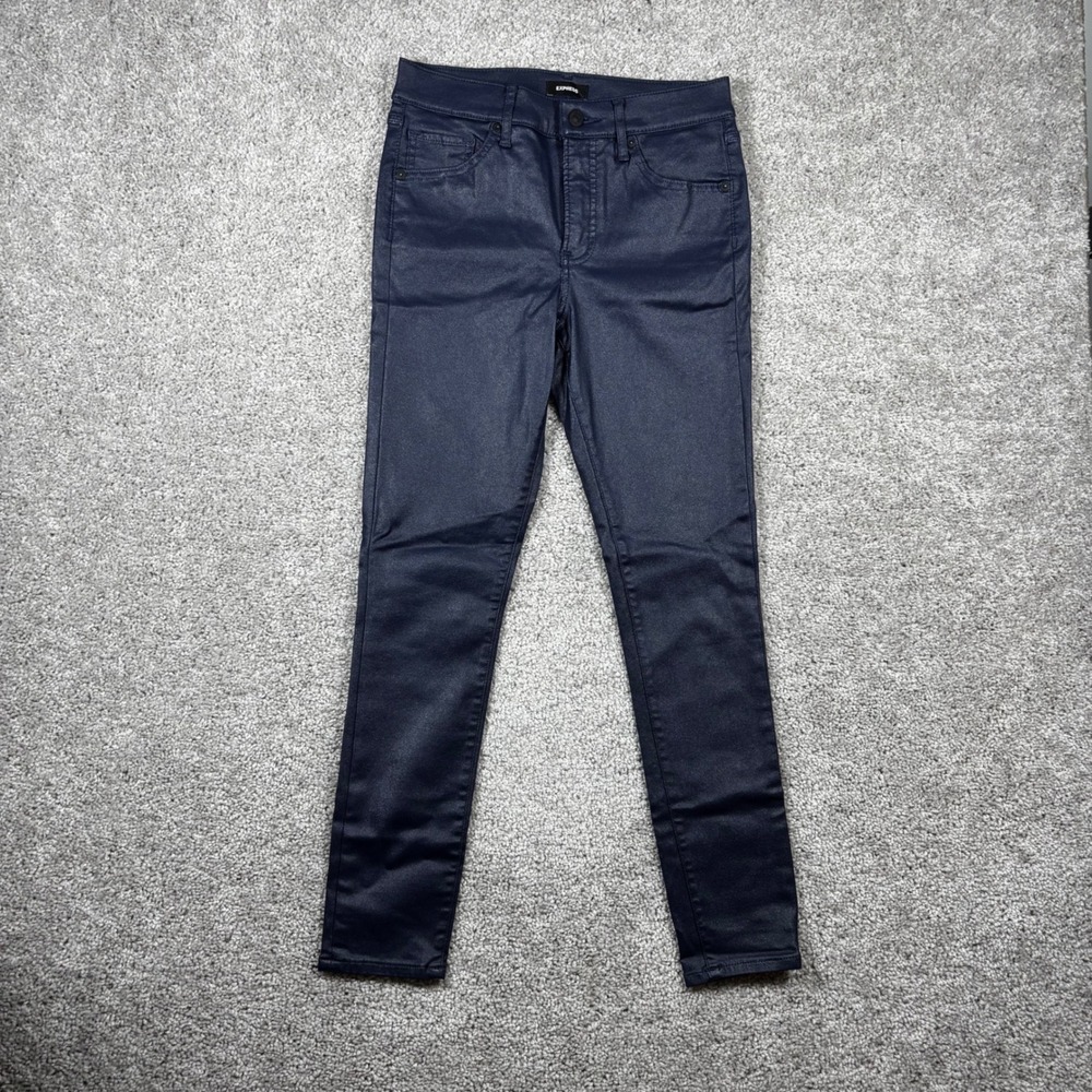 Express Skinny Mid Rise Coated Navy Blue Pants Womens 2R Faux Leather Look